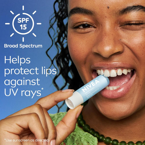 NIVEA Lip Balm Set, Smoothness Lip Care with Broad Spectrum SPF 15 Sunscreen, 0.17 Oz (Pack of 4) + Dewy with Hyaluronic Acid, 0.18 Oz (Pack of 4), Long-Lasting Moisture