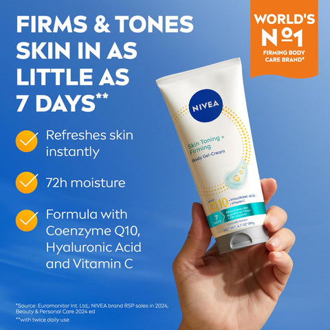 NIVEA Skin Firming & Toning Body Gel Cream with Q10, Hyaluronic Acid and Vitamin C, Clinically Tested Skin Firming & Toning Cream, 72-Hour Moisture, 6.7 Oz Tube (Pack of 12)