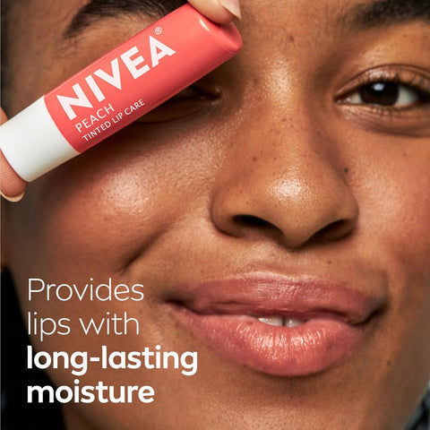 NIVEA Peach Lip Care (4 x 0.17 oz Stick) + NIVEA Shimmer Lip Care (4 x 0.17 oz Stick), Lip Balm Set with Shea Butter, Nourishing Oils and Vitamin C & E