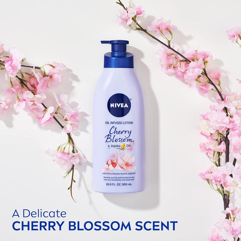 NIVEA Oil Infused Cherry Blossom and Jojoba Oil Body Lotion for Women, Fast-Absorbing and Non-Greasy Cherry Blossom Scented Lotion Moisturizes for 48 Hours, 16.9 Fl Oz Pump Bottle (Pack of 2)