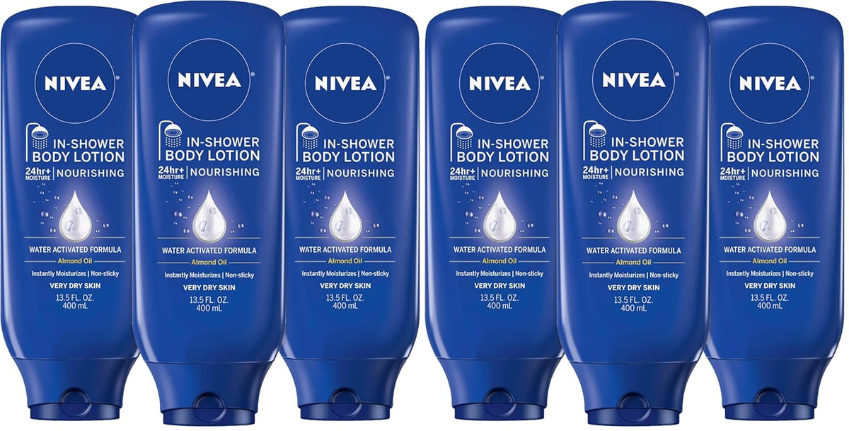 NIVEA Nourishing In Shower Lotion, Water Activated In Shower Moisturizer for Dry to Very Dry Skin, 13.5 FL OZ (Pack of 6)