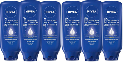 NIVEA Nourishing In Shower Lotion, Water Activated In Shower Moisturizer for Dry to Very Dry Skin, 13.5 FL OZ (Pack of 6)
