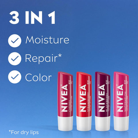 NIVEA Lip Care, Fruity Tinted Lip Balm Variety Pack, Cherry, Strawberry, Blackberry and Watermelon Flavors, 3-in-1 Moisture, Repair and Color, 0.17 Oz Stick, (Pack of 48)
