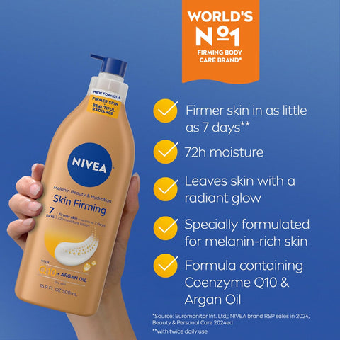 NIVEA Skin Firming Melanin Beauty & Hydration Body Lotion with Q10 and Argan Oil,Firmer Skin in as Little As Seven Days,16.9 Fl Oz Pump Bottle,(Pack of 2)