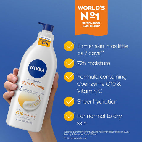 NIVEA Sheer Hydration Skin Firming Body Lotion (16.9 Fl Oz) + Skin Firming & Toning Body Gel Cream with Hyaluronic Acid (6.7 Oz), Enriched with Q10 and Vitamin C