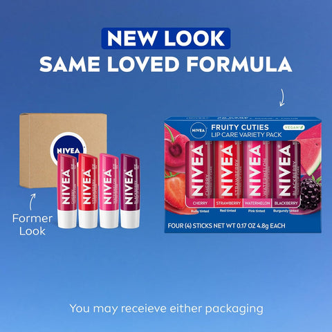 NIVEA Lip Care, Fruity Tinted Lip Balm Variety Pack, Cherry, Strawberry, Blackberry and Watermelon Flavors, 3-in-1 Moisture, Repair and Color, 0.17 Oz Stick, (Pack of 48)
