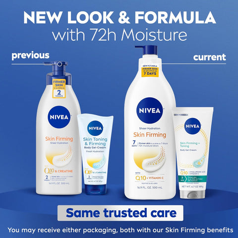 NIVEA Sheer Hydration Skin Firming Body Lotion (16.9 Fl Oz) + Skin Firming & Toning Body Gel Cream with Hyaluronic Acid (6.7 Oz),Enriched with Q10 and Vitamin C,(Pack of 4)