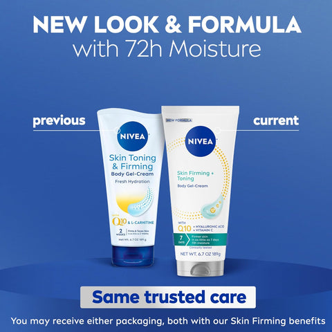 NIVEA Skin Firming & Toning Body Gel Cream with Q10, Hyaluronic Acid and Vitamin C, Clinically Tested Skin Firming & Toning Cream, 72-Hour Moisture, 6.7 Oz Tube (Pack of 12)