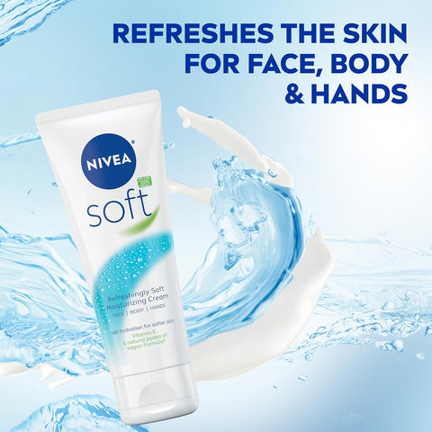NIVEA Soft Refreshingly Soft Moisturizing Cream, Lightweight Moisturizer for Face, Body and Hands, Body Cream Enriched with Jojoba Oil and Vitamin E, 2.6 Oz Tube, Pack of 3