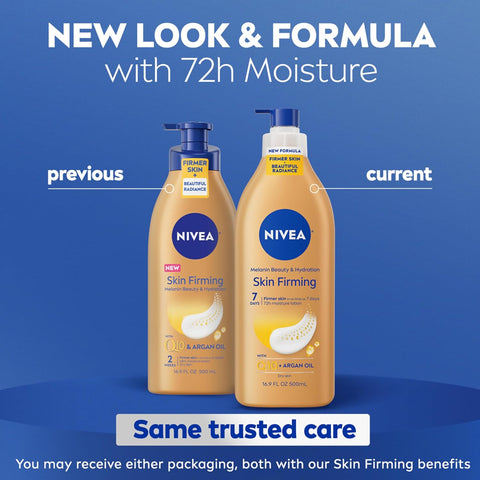NIVEA Skin Firming Melanin Beauty & Hydration Body Lotion with Q10 and Argan Oil,Firmer Skin in as Little As Seven Days,16.9 Fl Oz Pump Bottle,(Pack of 2)