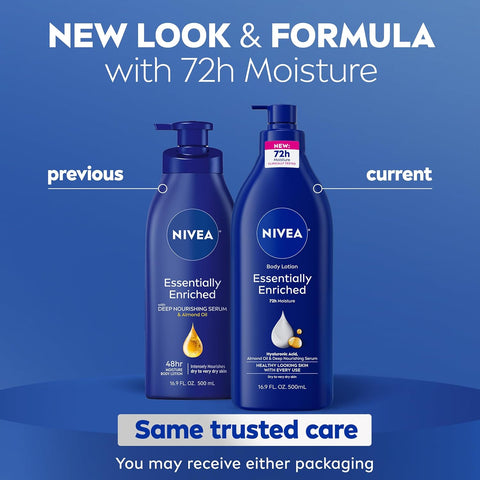 NIVEA Essentially Enriched Body Lotion for Very Dry Skin with Hyaluronic Acid,Almond Oil and Deep Nourishing Serum,72-Hour Body Moisturizer,16.9 Fl Oz Pump Bottle,(Pack of 4)