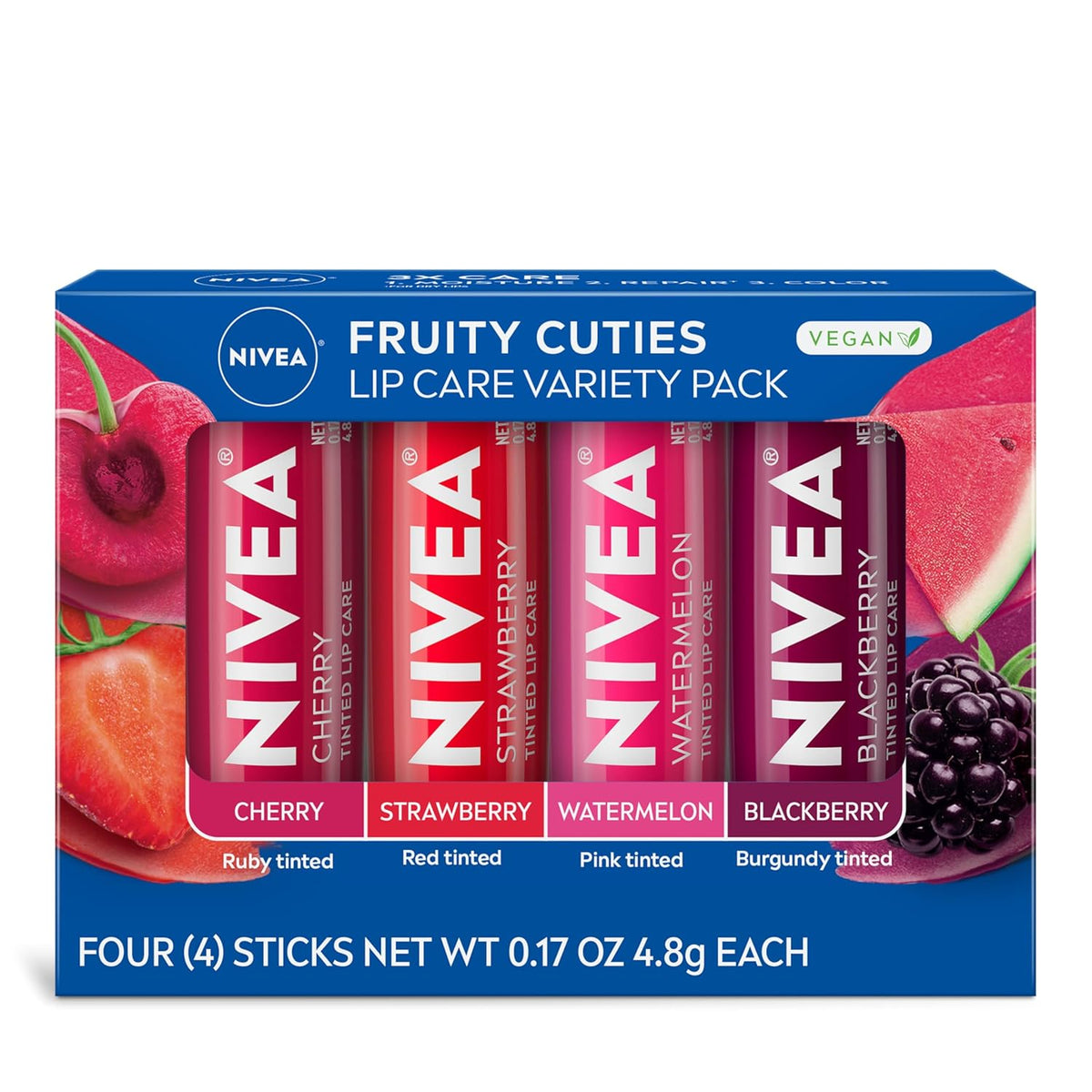 NIVEA Lip Care, Fruity Tinted Lip Balm Variety Pack, Cherry, Strawberry, Blackberry and Watermelon Flavors, 3-in-1 Moisture, Repair and Color, 0.17 Oz Stick, (Pack of 48)