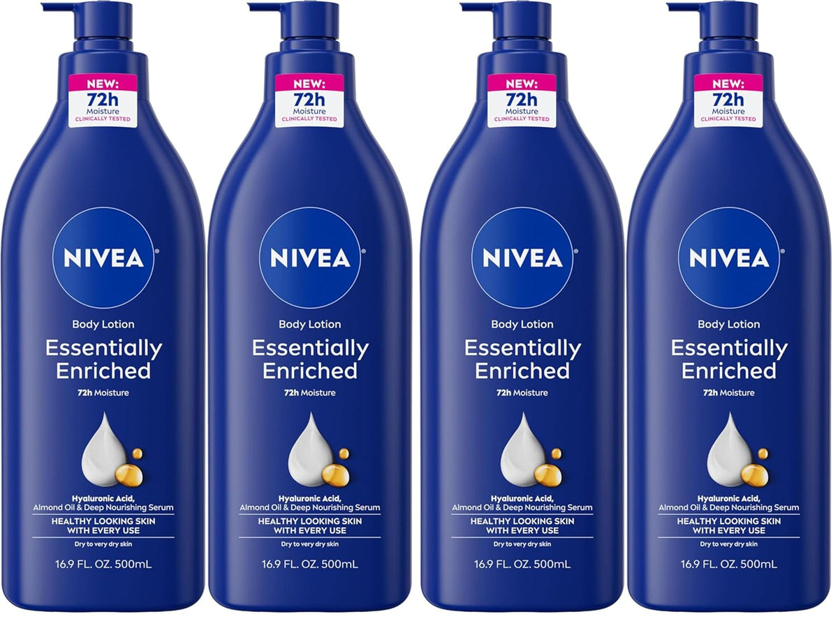NIVEA Essentially Enriched Body Lotion for Very Dry Skin with Hyaluronic Acid,Almond Oil and Deep Nourishing Serum,72-Hour Body Moisturizer,16.9 Fl Oz Pump Bottle,(Pack of 4)