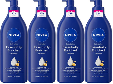 NIVEA Essentially Enriched Body Lotion for Very Dry Skin with Hyaluronic Acid,Almond Oil and Deep Nourishing Serum,72-Hour Body Moisturizer,16.9 Fl Oz Pump Bottle,(Pack of 4)