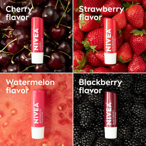 NIVEA Lip Care, Fruity Tinted Lip Balm Variety Pack, Cherry, Strawberry, Blackberry and Watermelon Flavors, 3-in-1 Moisture, Repair and Color, 0.17 Oz Stick, (Pack of 48)