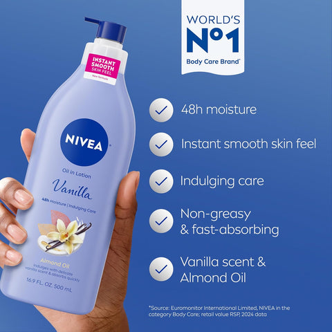 NIVEA Oil Infused Vanilla and Almond Oil Body Lotion for Women,Fast-Absorbing and Non-Greasy Vanilla Scented Lotion Moisturizes for 48 Hours,16.9 Fl Oz Pump Bottle,(Pack of 6)