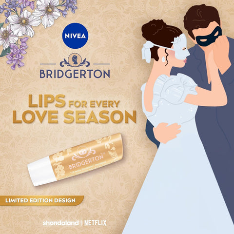 NIVEA Vanilla Biscuit Lip Balm, Nourishing Lip Care, Bridgerton Limited Edition Moisturizing Lip Balm with Shea Butter, 3-in-1 Moisture, Repair and Nourish, 0.17 Oz Stick