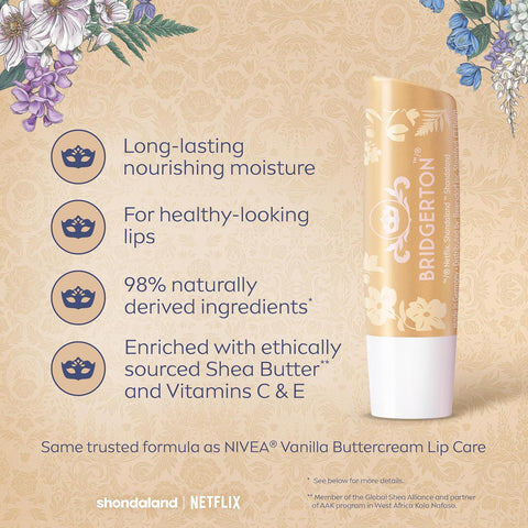 NIVEA Vanilla Biscuit Lip Balm, Nourishing Lip Care, Bridgerton Limited Edition Moisturizing Lip Balm with Shea Butter, 3-in-1 Moisture, Repair and Nourish, 0.17 Oz Stick