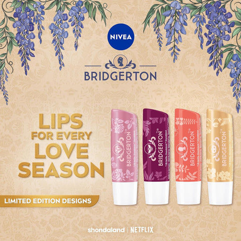 NIVEA Lip Care, Bridgerton Limited Edition Moisturizing Lip Balms with Shea Butter, Blackberry Pie, Peach Tea, Rose Meringue, and Vanilla Biscuit, Four 0.17 Oz Sticks